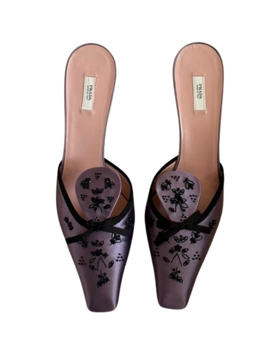 Prada Shoes - RARE Prada Purple Satin Embellished Kitten Heels